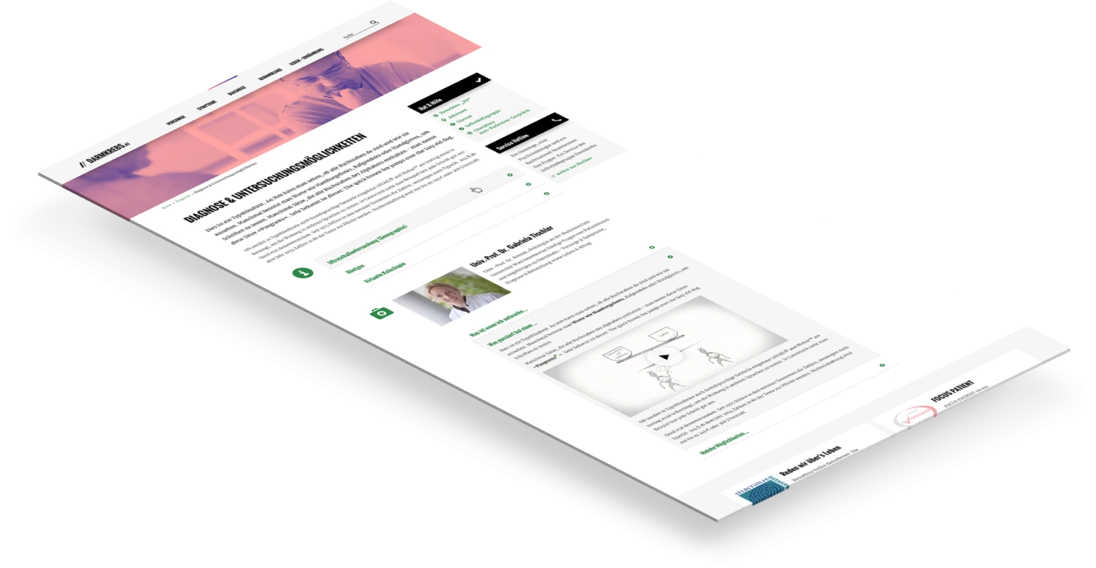 Screenshot der Website darmkrebs.at mit dem Themenbereich „Diagnose und Untersuchungsmoeglichkeiten“