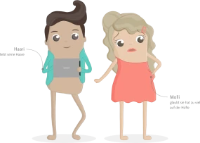 Illustration von zwei gezeichneten Comicfiguren: Links „Haari“, eine maennliche Figur mit auffaelliger Frisur, Beschreibung: „liebt seine Haare“. Rechts „Molli“, eine weibliche Figur im rosa Kleid, Beschreibung: „glaubt, sie hat zu viel auf der Huefte“