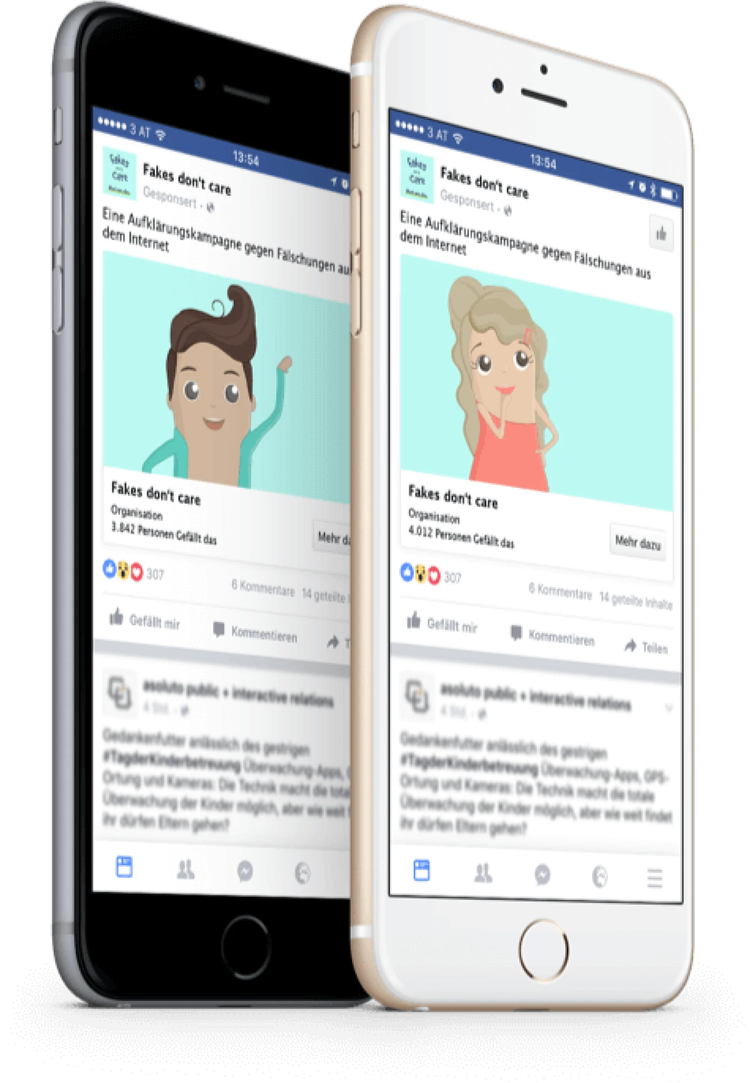 Zwei Smartphones zeigen Facebook-Beitraege der Kampagne „Fakes don’t care“ mit den Cartoonfiguren Haari und Molli