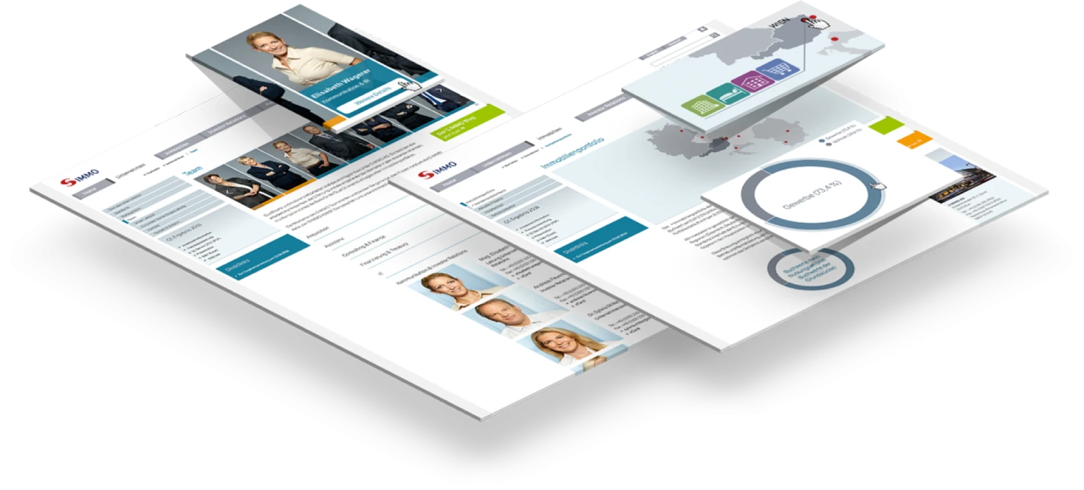 Visualisierung einer Website der S IMMO AG auf mehreren Ebenen dargestellt. Zu sehen sind Bereiche über das Unternehmen, Teammitglieder und Services im Immobilienbereich