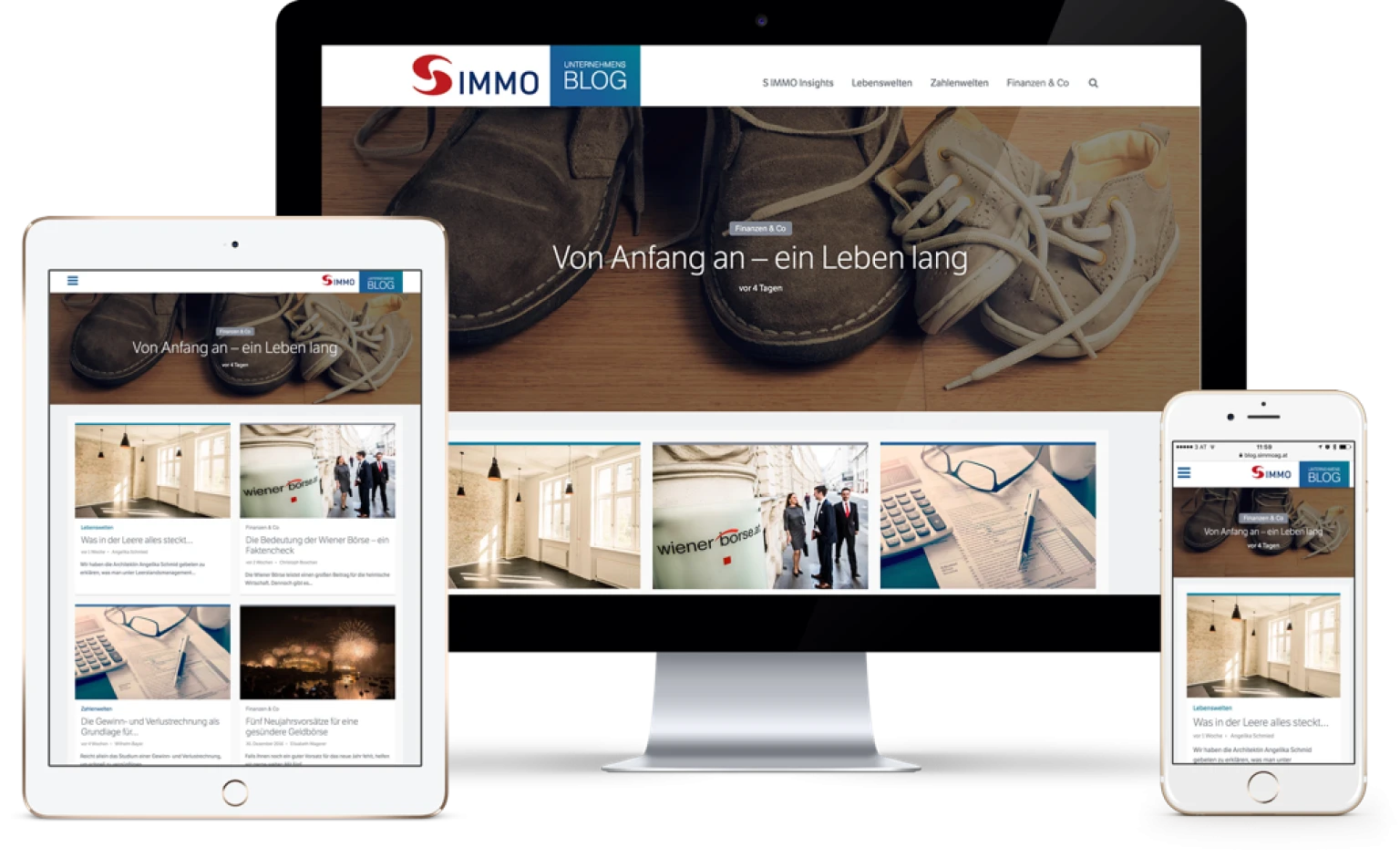 Darstellung des S IMMO Unternehmensblogs auf Tablet, Desktop und Smartphone: Blogbeitraege zu Immobilien und Finanzthemen in modernem, uebersichtlichen Layout