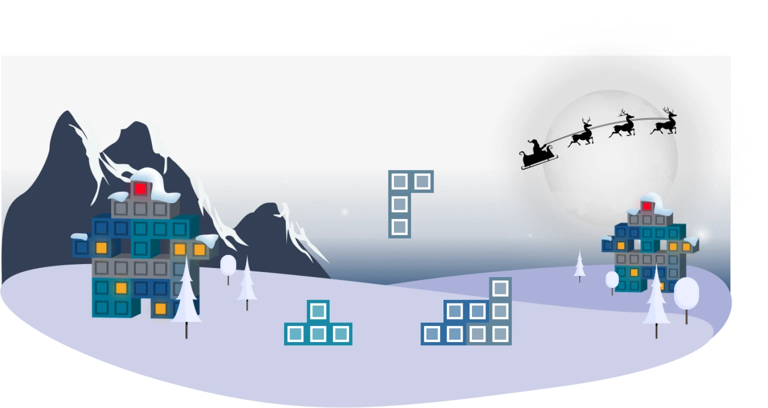 Illustration einer winterlichen Berglandschaft mit schneebedeckten Bergen, Tetris-aehnlichen Haeusern aus bunten Bloecken und fliegendem Schlitten vor einem Vollmond