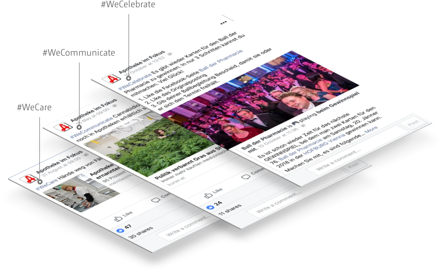 Drei uebereinanderliegende Facebook-Beitraege der Initiative „Apotheke im Fokus“ zu den Themen #WeCare, #WeCommunicate und #WeCelebrate