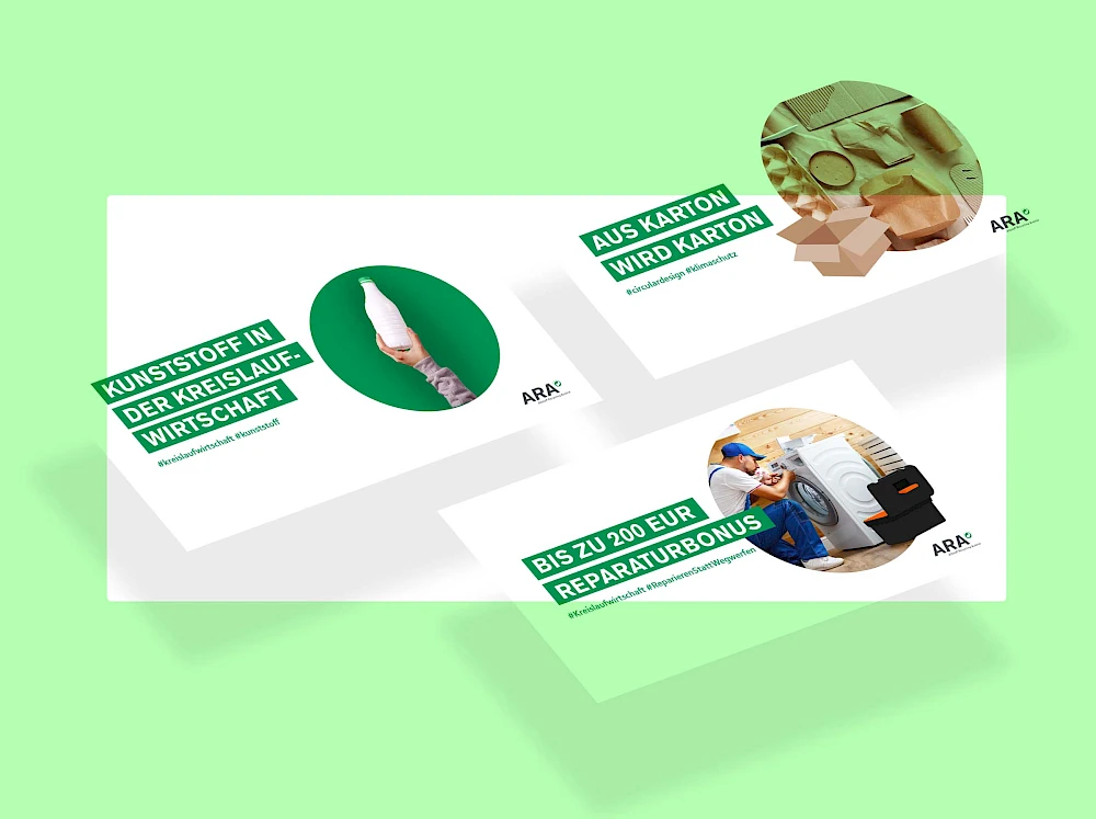 Drei Posts der ARA zu nachhaltigem Wirtschaften und Recycling: Kreislaufwirtschaft, Kartonverwertung und Reparaturbonus