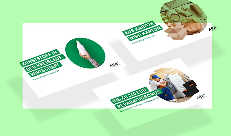 Drei Posts der ARA zu nachhaltigem Wirtschaften und Recycling: Kreislaufwirtschaft, Kartonverwertung und Reparaturbonus