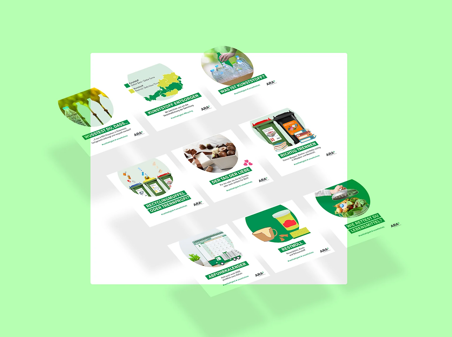 ARA Instagram Posts mit Tipps und Informationen zu richtigem Recycling, Kunststofftrennung und regionalen Entsorgungsregelungen