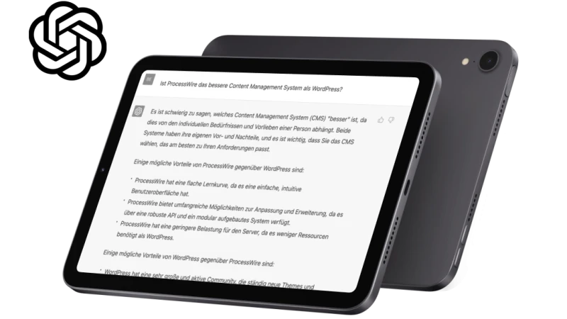 Tablet mit ChatGPT Antwort zu ProcessWire und WordPress