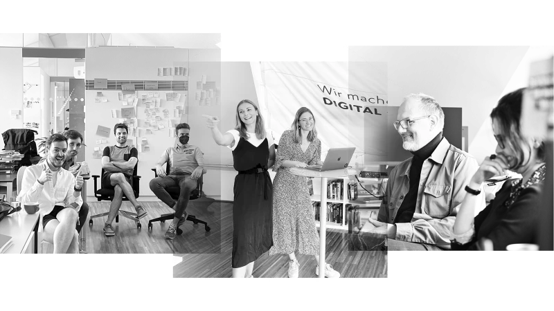 Collage aus Fotos eines Teams beim Arbeiten, interaktiv bei Workshops und lachend.