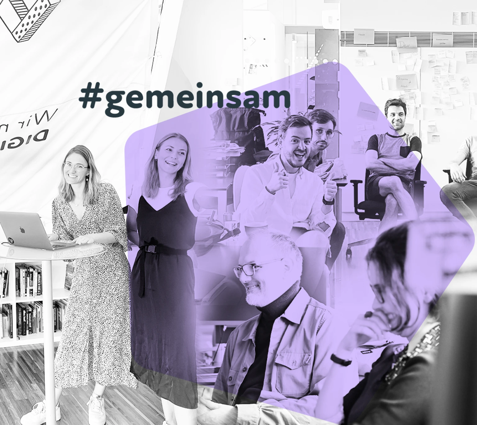 Lachende Teammitglieder mit Spirit Hashtag gemeinsam