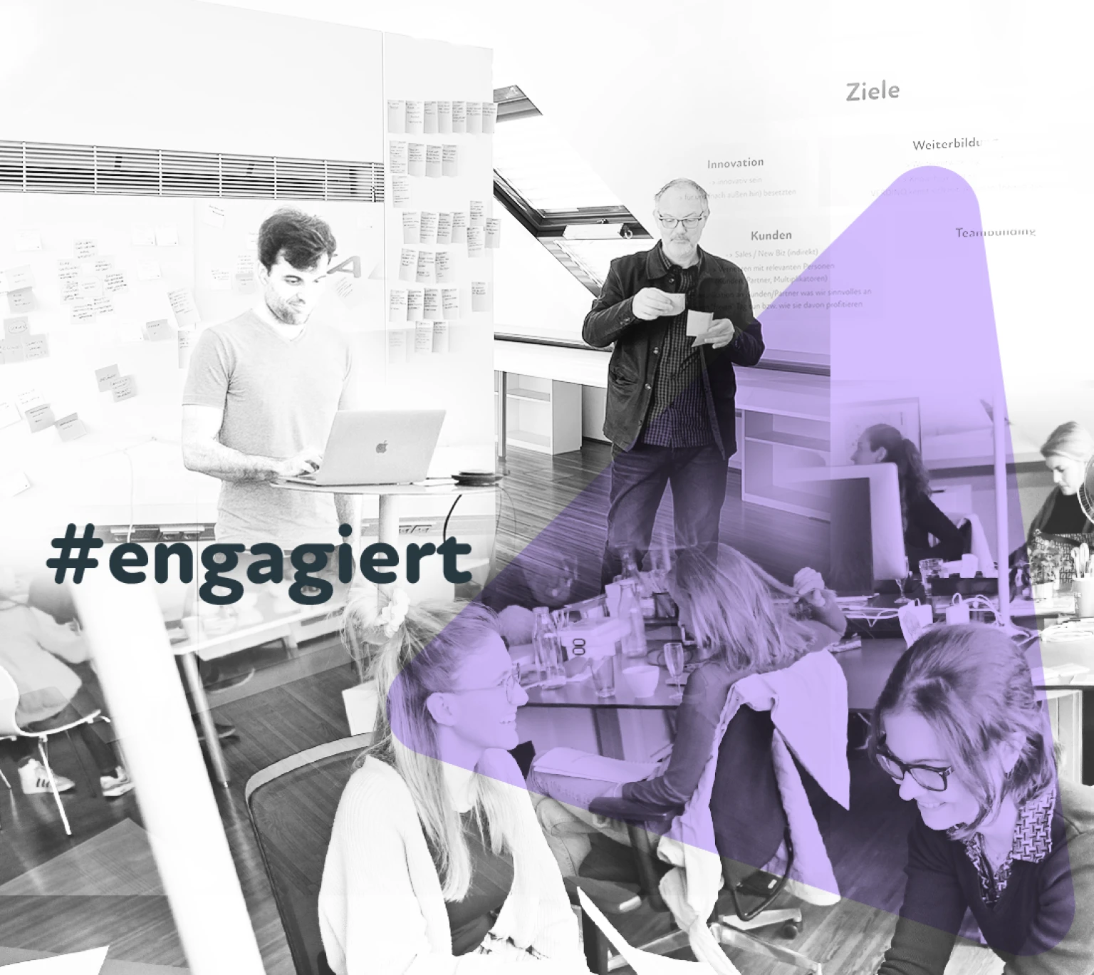 Team beim Arbeiten am Laptop, Vortrag halten und Unterhalten im Office