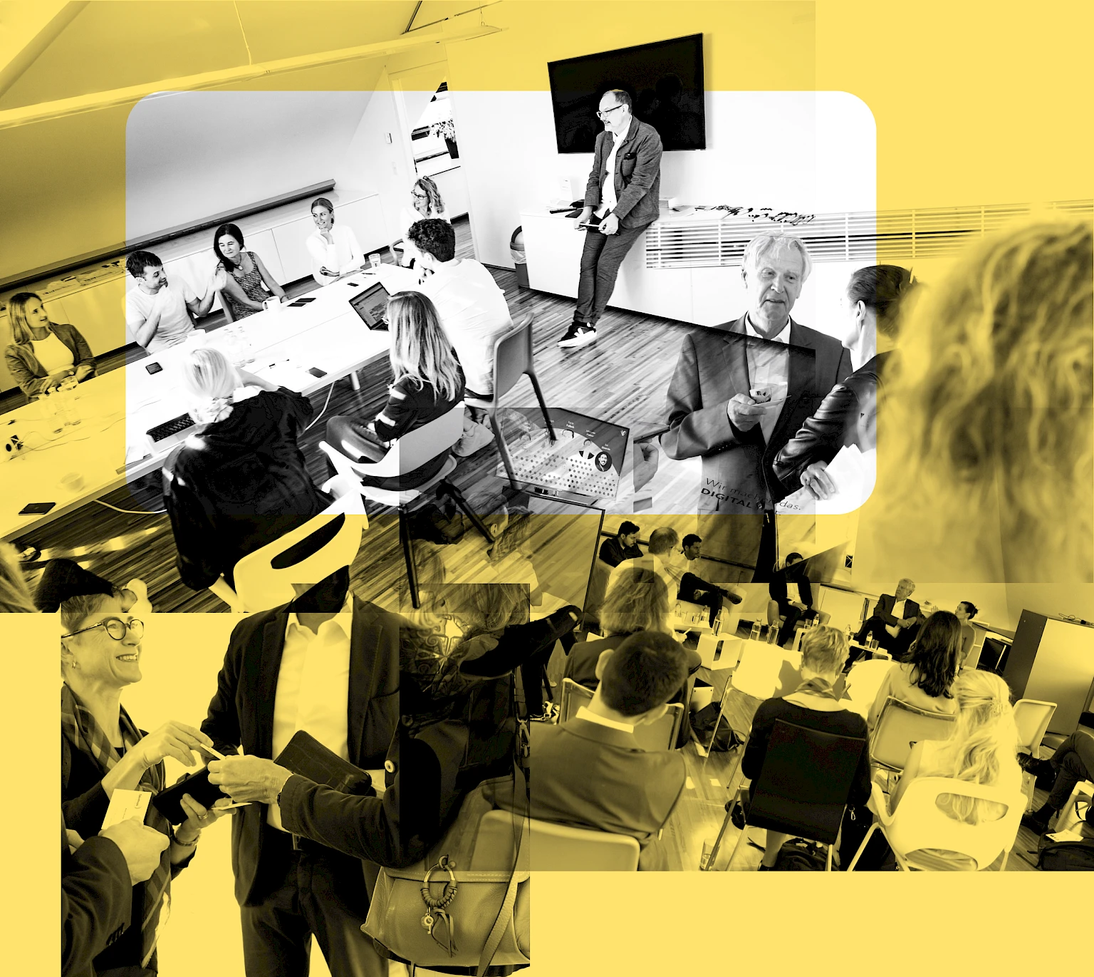 Viele Personen bei Workshops und Vortraegen im Office