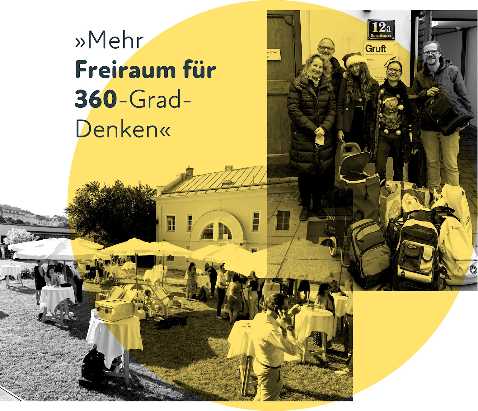 Team sammelt Spenden fuer Gruft, Gartenfest mit Sonnenschirmen