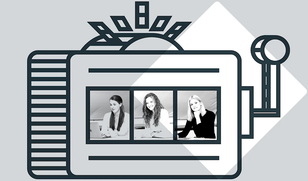 Box mit drei jungen Frauen beim Arbeiten am Laptop