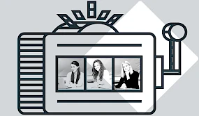 Box mit drei jungen Frauen beim Arbeiten am Laptop