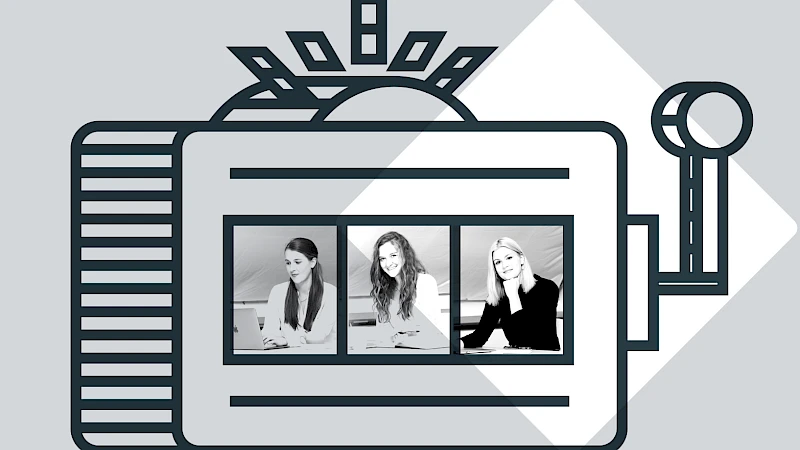 Box mit drei jungen Frauen beim Arbeiten am Laptop