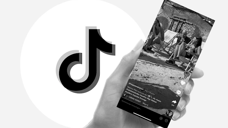 Hand haelt Smartphone das Video abspielt, daneben TikTok Logo