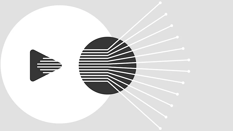 Abstrakte Grafik mit Play-Button, vernetzten Linien und Kreiselement