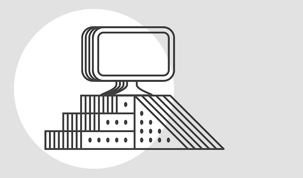 llustration eines Computers auf einer Basis aus Stufen und einer Rampe