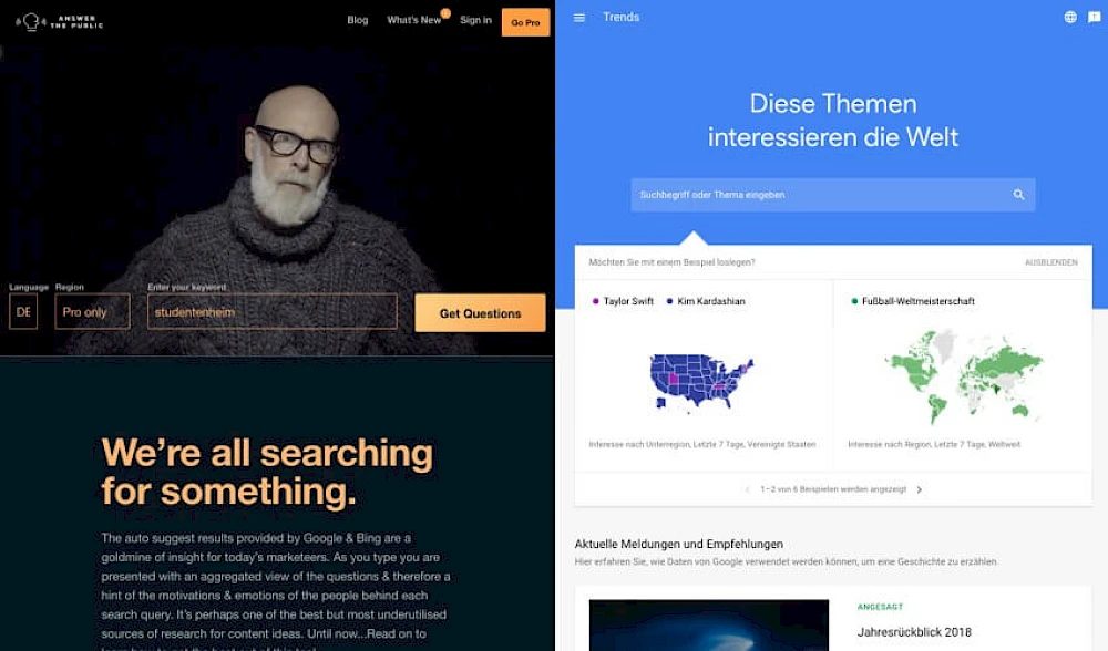 Vergleich zweier Online-Tools zur Trend- und Suchanalyse: Answer the Public für Keyword-Recherche und Google Trends zur Identifikation globaler Interessen