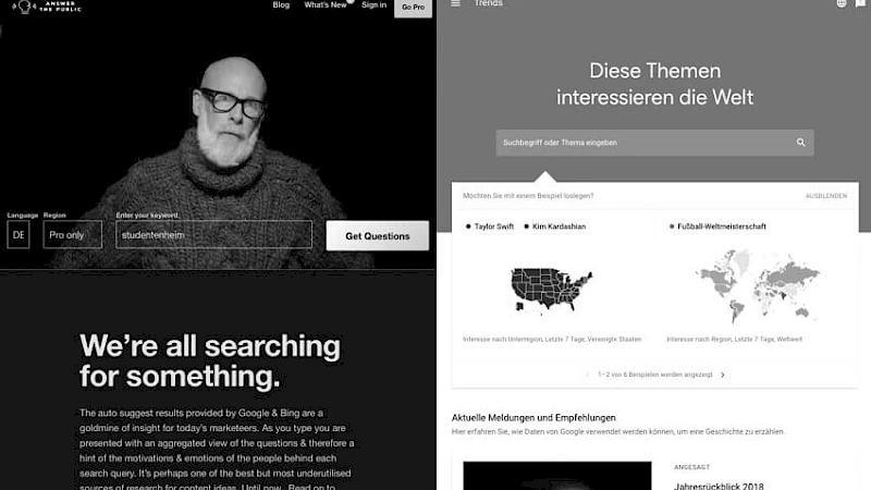 Vergleich zweier Online-Tools zur Trend- und Suchanalyse: Answer the Public für Keyword-Recherche und Google Trends zur Identifikation globaler Interessen