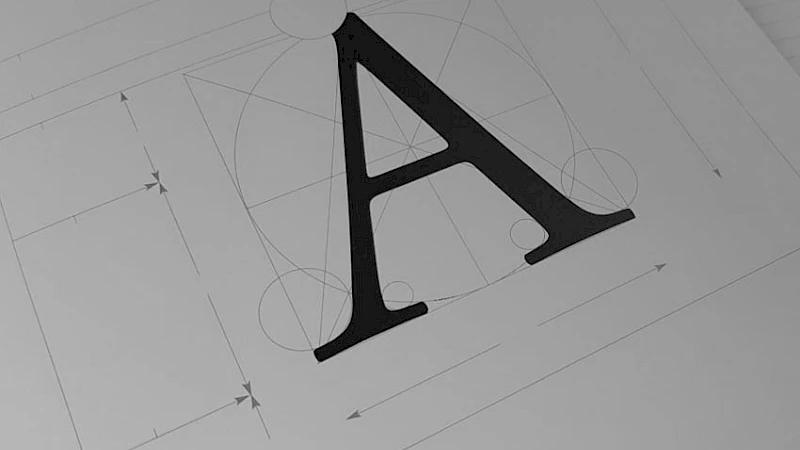 Typografische Skizze des Buchstabens A: praezises Design mit geometrischen Linien und Proportionshilfen