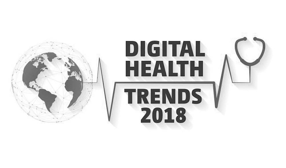 Weltkugel, die ueber EKG-Linie zu Stethoskop verbunden ist. Dazu Text mit Digital Health Trends 2018.