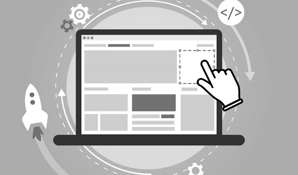 Illustration eines Website-Builders: Drag-and-Drop-Design auf einem Laptop mit Symbolen fuer Webentwicklung, Automatisierung und Innovation