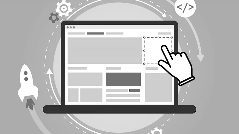 Illustration eines Website-Builders: Drag-and-Drop-Design auf einem Laptop mit Symbolen fuer Webentwicklung, Automatisierung und Innovation