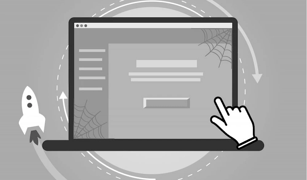 Illustration einer veralteten Website: Symbolische Darstellung mit Spinnweben und veraltetem Design auf einem Laptop