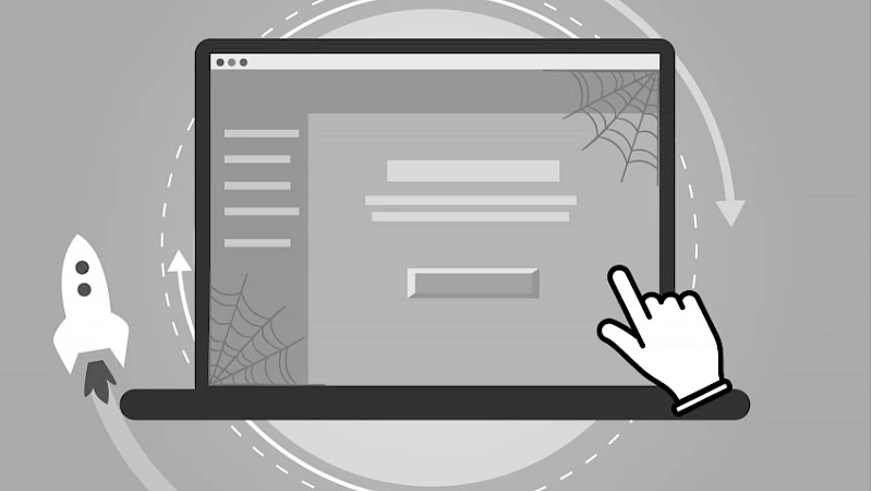 Illustration einer veralteten Website: Symbolische Darstellung mit Spinnweben und veraltetem Design auf einem Laptop
