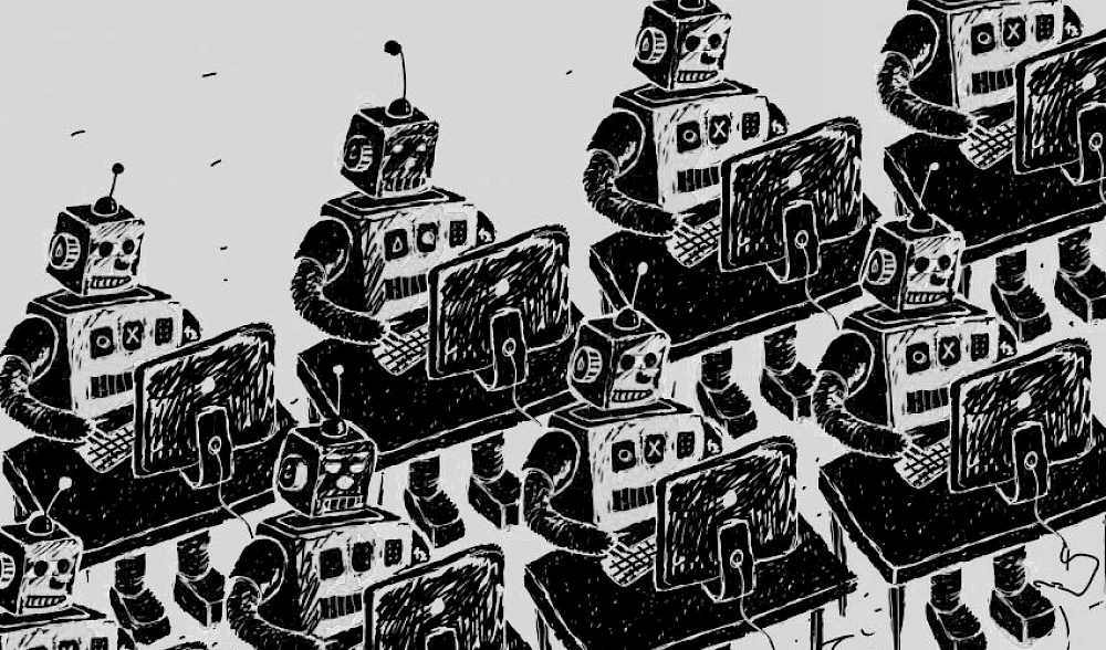 Illustration von Robotern, die in Sitzreihen an Computern arbeiten