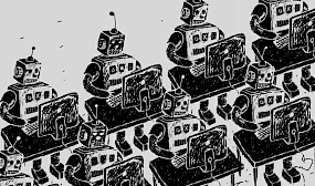 Illustration von Robotern, die in Sitzreihen an Computern arbeiten