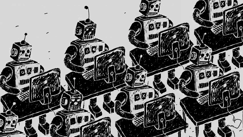 Illustration von Robotern, die in Sitzreihen an Computern arbeiten