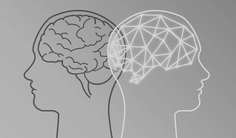 Illustration von zwei menschlichen Koepfen im Profil: Einer mit einem gezeichneten biologischen Gehirn, der andere mit einem vernetzten, digitalen Gehirn, symbolisierend den Kontrast zwischen menschlicher Intelligenz und kuenstlicher Intelligenz