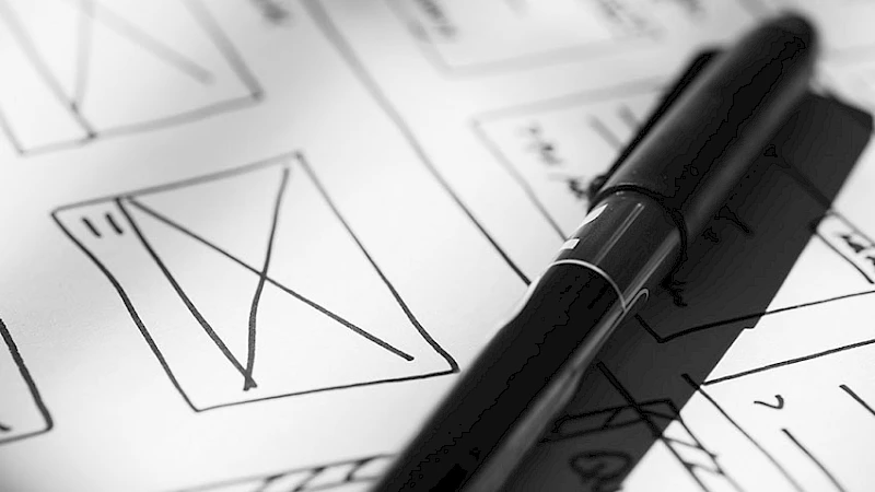 Skizze eines Webdesign-Layouts und einem Stift auf Papier