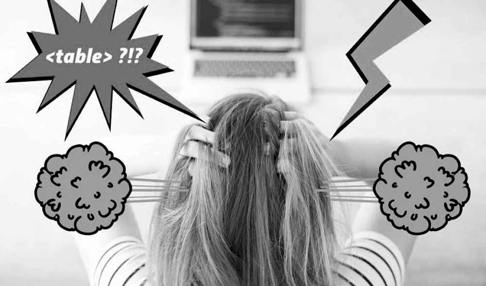 Gestresste Frau von hinten, faehrt sich mit den Haenden in die Haare. Mit Comic-Symbolen fuer Verzweiflung und Wut
