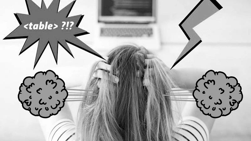 Gestresste Frau von hinten, faehrt sich mit den Haenden in die Haare. Mit Comic-Symbolen fuer Verzweiflung und Wut