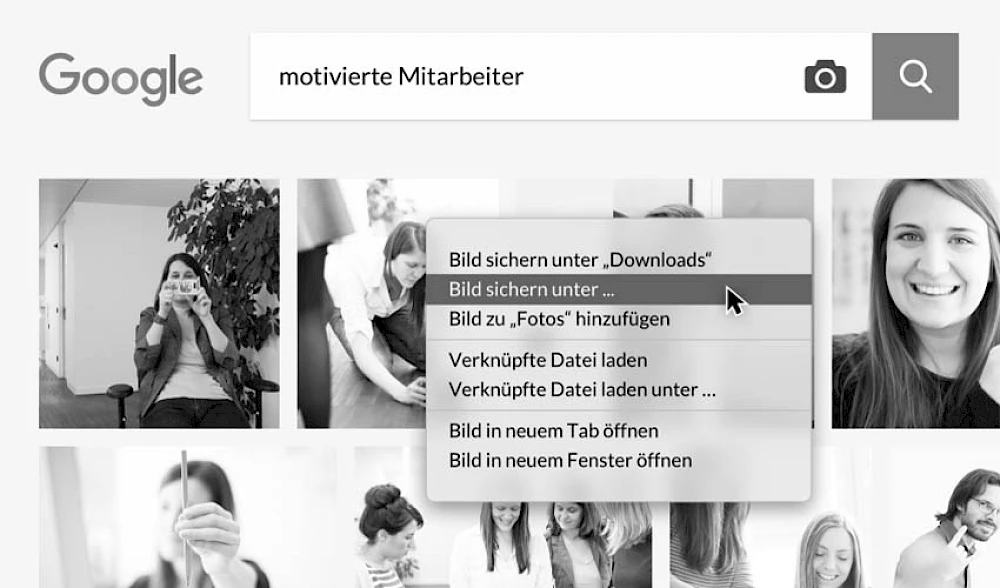 Google-Bildersuche nach motivierte Mitarbeiter mit angezeigten Fotos und geoeffneter Rechtsklick-Option zum Speichern eines Bildes