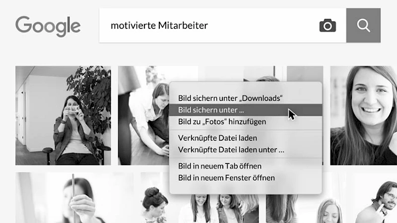Google-Bildersuche nach motivierte Mitarbeiter mit angezeigten Fotos und geoeffneter Rechtsklick-Option zum Speichern eines Bildes