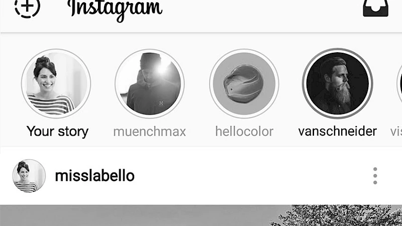 Screenshot einer Instagram-Oberflaeche mit Story-Icons und Profilen, einschließlich eigener Story und Stories von anderen Accounts