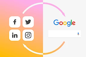 Grafik zur Wechselwirkung zwischen Social Media (Facebook, Twitter, LinkedIn, Instagram) und Google-Suche im SEO-Kontext