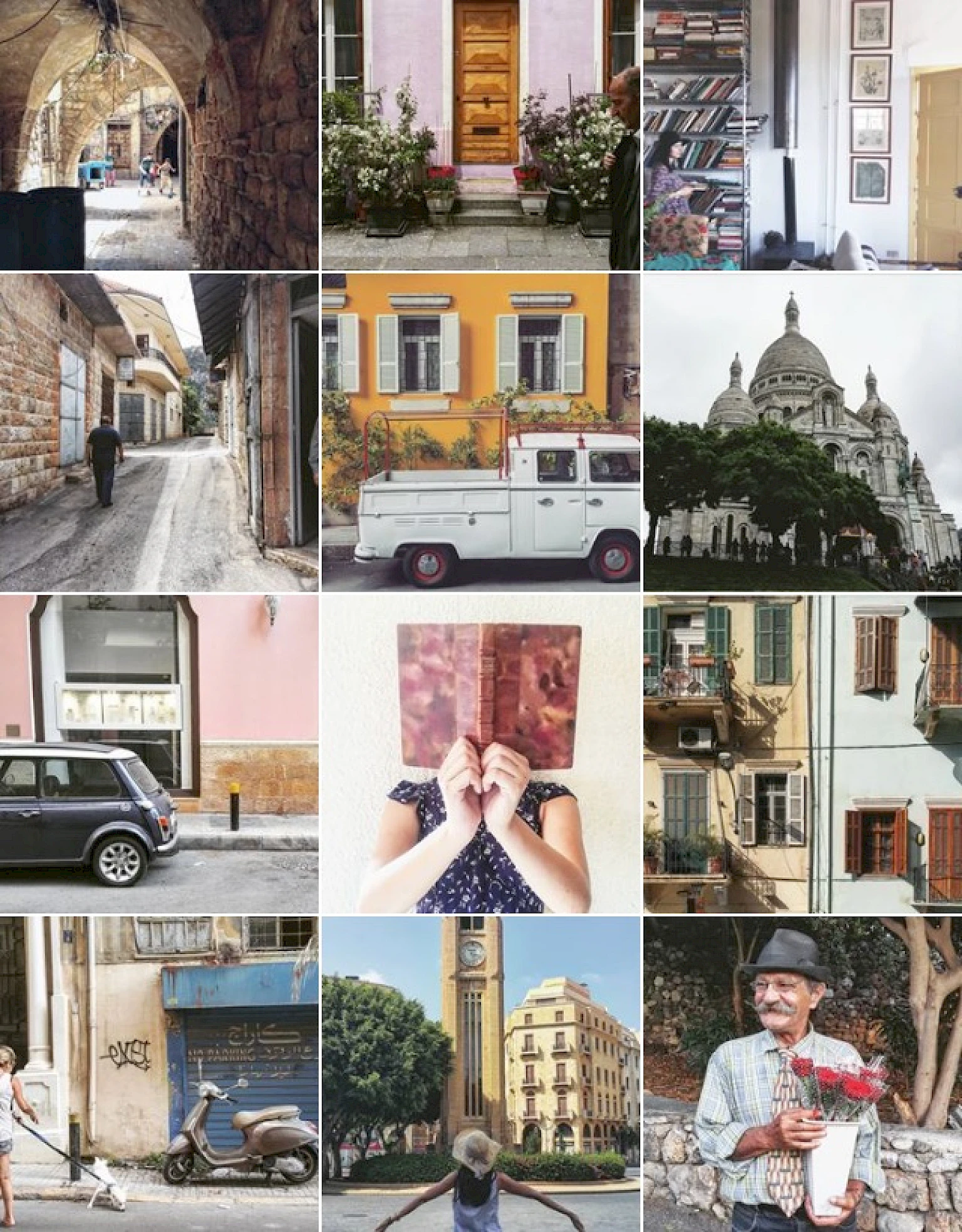 Instagram Feed aus zwoelf aesthetischen Fotos mit urbanen und laendlichen Motiven: Architektur, Straßen, Fahrzeuge, Menschen und Buecher