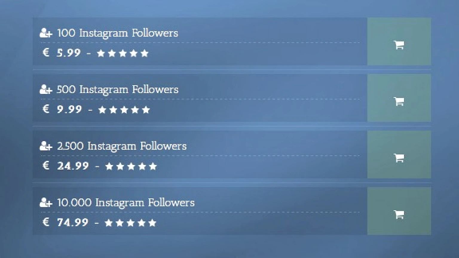 Screenshot: Angebote um Follower zu kaufen mit unterschiedlicher Followeranzahl und Preisen
