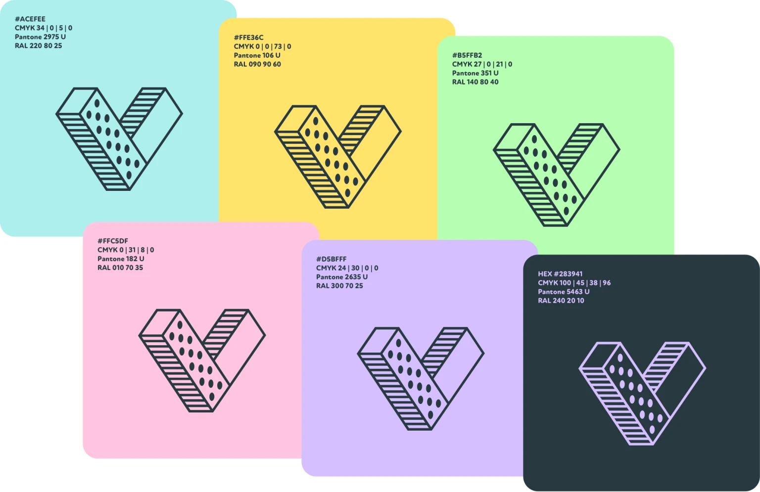 VERDINO Logo auf verschiedenen Farben der Verdino-Farbpalette