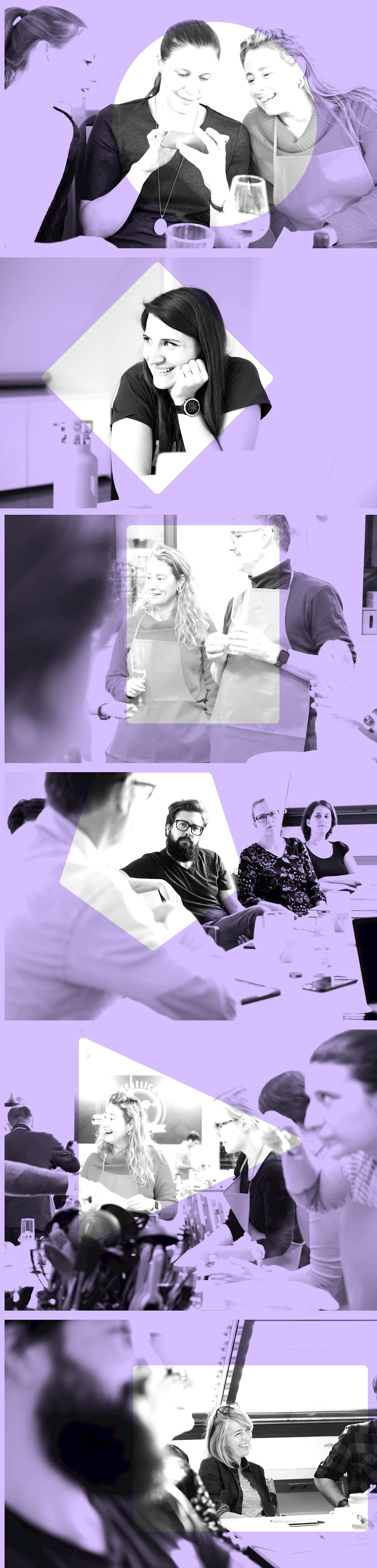 Sechs Fotos untereinander angeordnet, auf denen das Verdino Team bei Workshops zu sehen ist