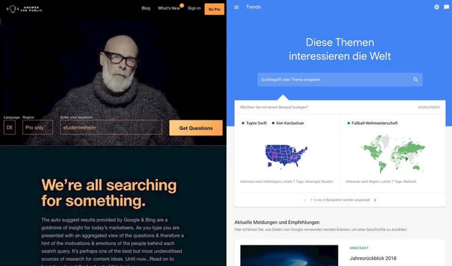Vergleich zweier Online-Tools zur Trend- und Suchanalyse: Answer the Public für Keyword-Recherche und Google Trends zur Identifikation globaler Interessen