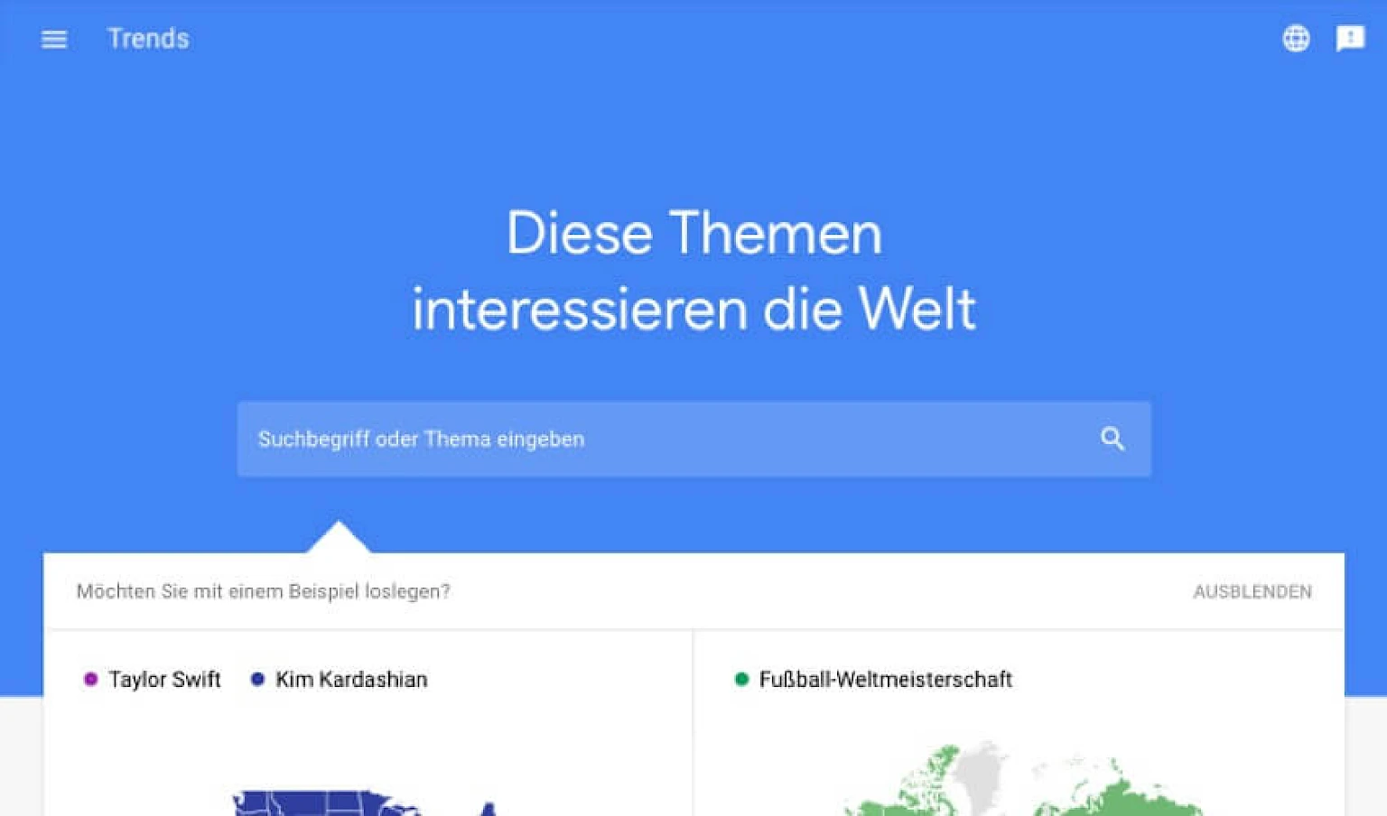 Google Trends Startseite: Echtzeit-Analyse beliebter Suchbegriffe weltweit mit Beispielen zu prominenten Themen wie Taylor Swift und der Fußball-Weltmeisterschaft