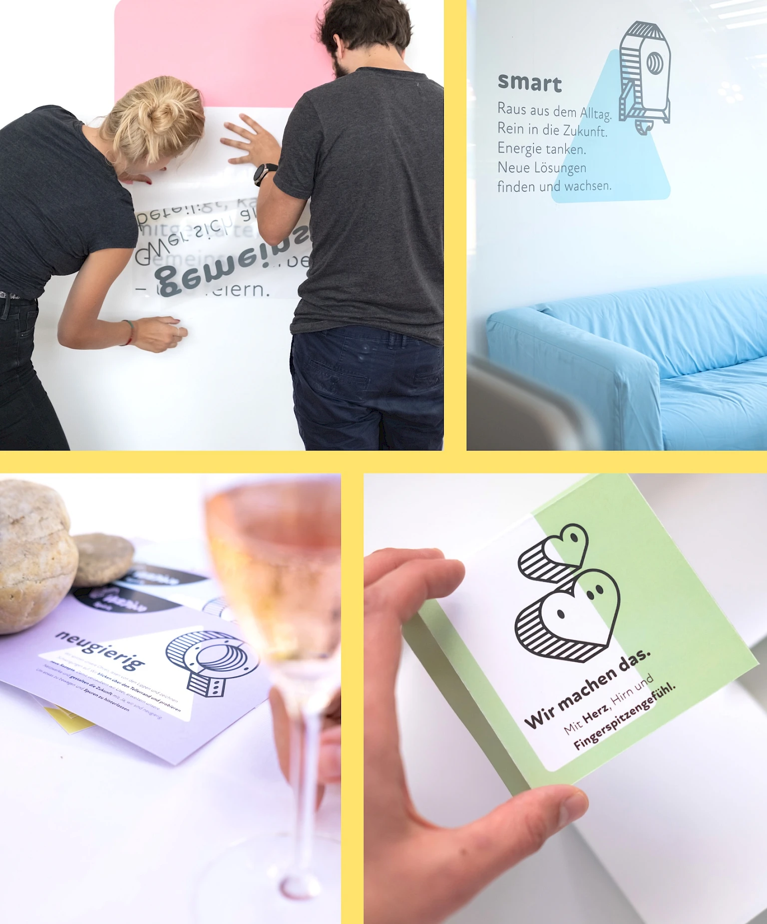 Vorbereitungen fuer Event: Aufkleben von Wandtattoos, Visitenkarten mit Verdino-Spirit