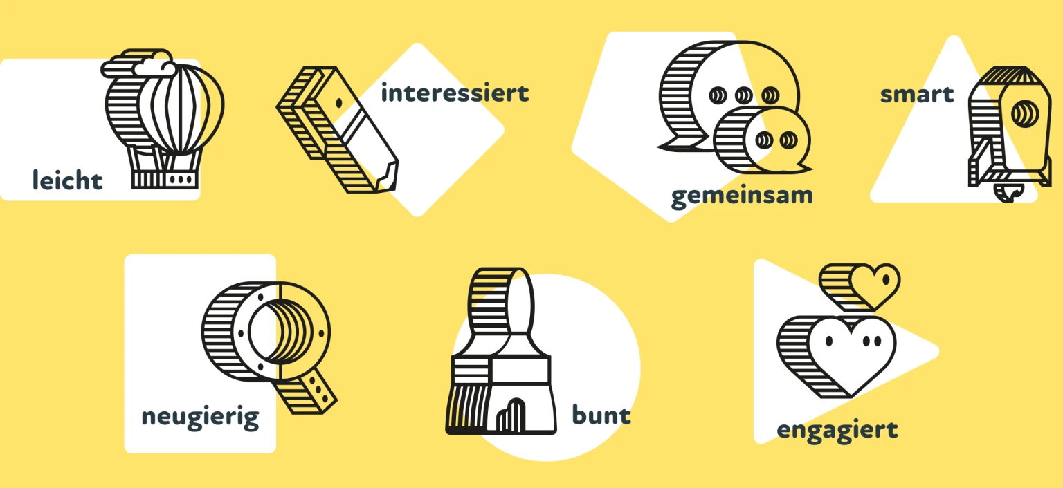 Sieben VERDINO Spirits mit Icons: leicht, interessiert, gemeinsam, smart, neugierig, bunt, engagiert