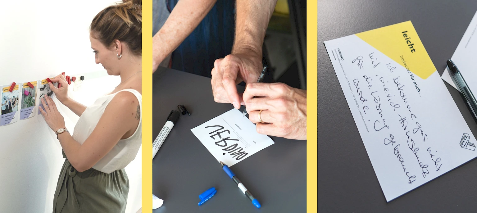 Frau haengt Hashtagprinter-Karten auf, individuelle Verdino-Schrift auf Karte und Mitmach-Karte zu Spirit